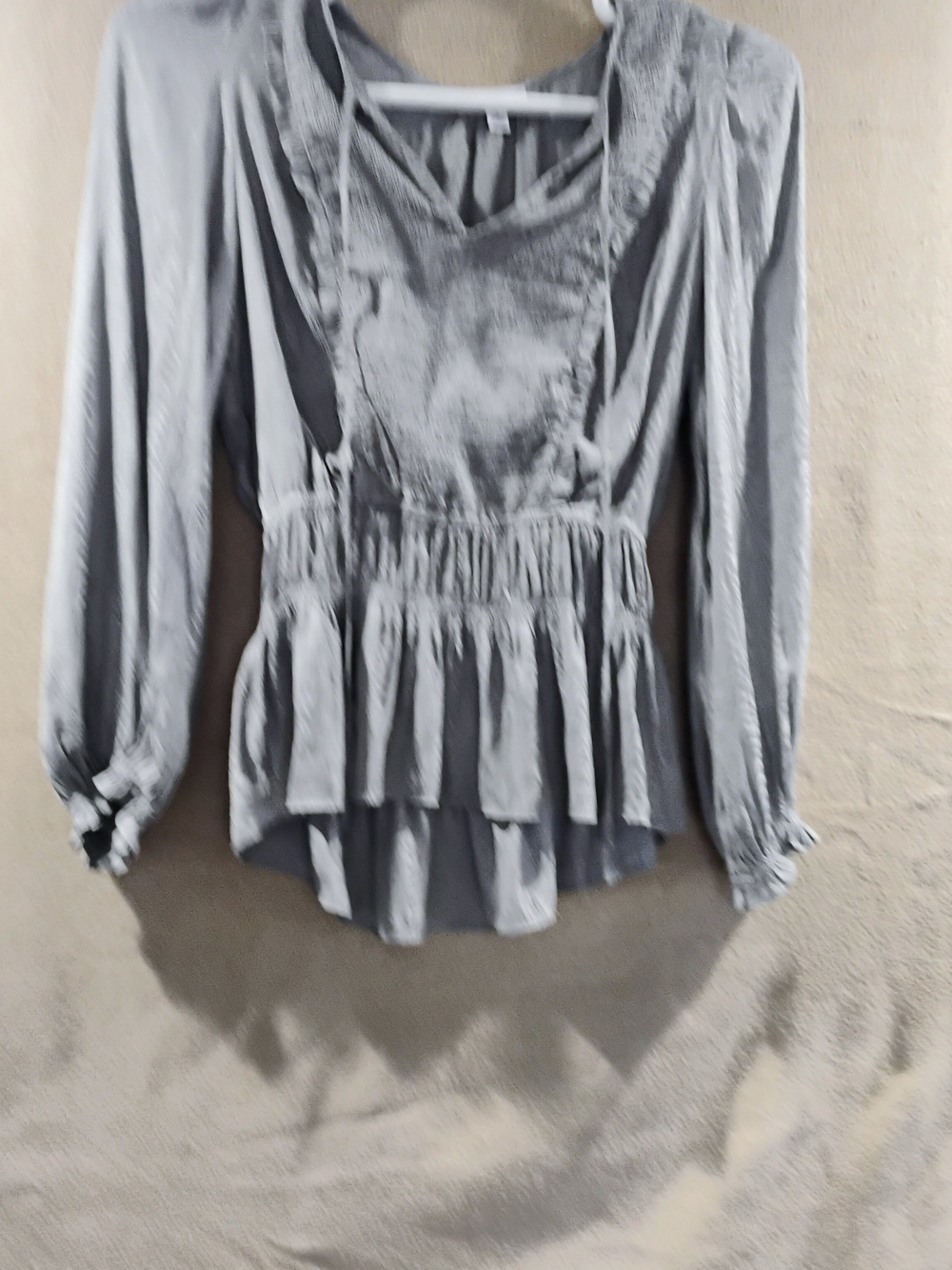 Current Air Light Gray Ruffle Peplum Long-Sleeve Top